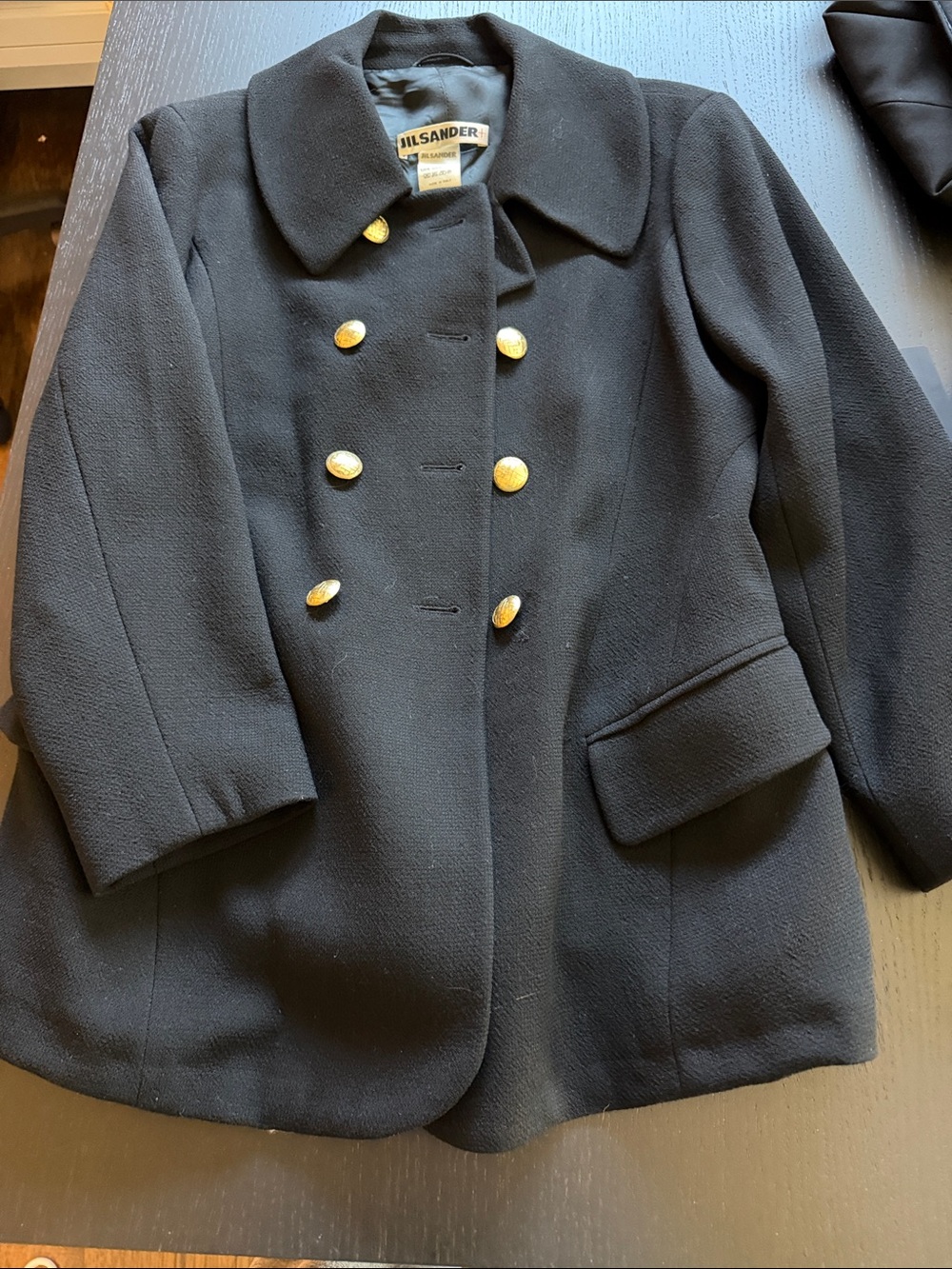 Jil Sander Girls' Black Double-Breasted Pea Coat with Gold Buttons